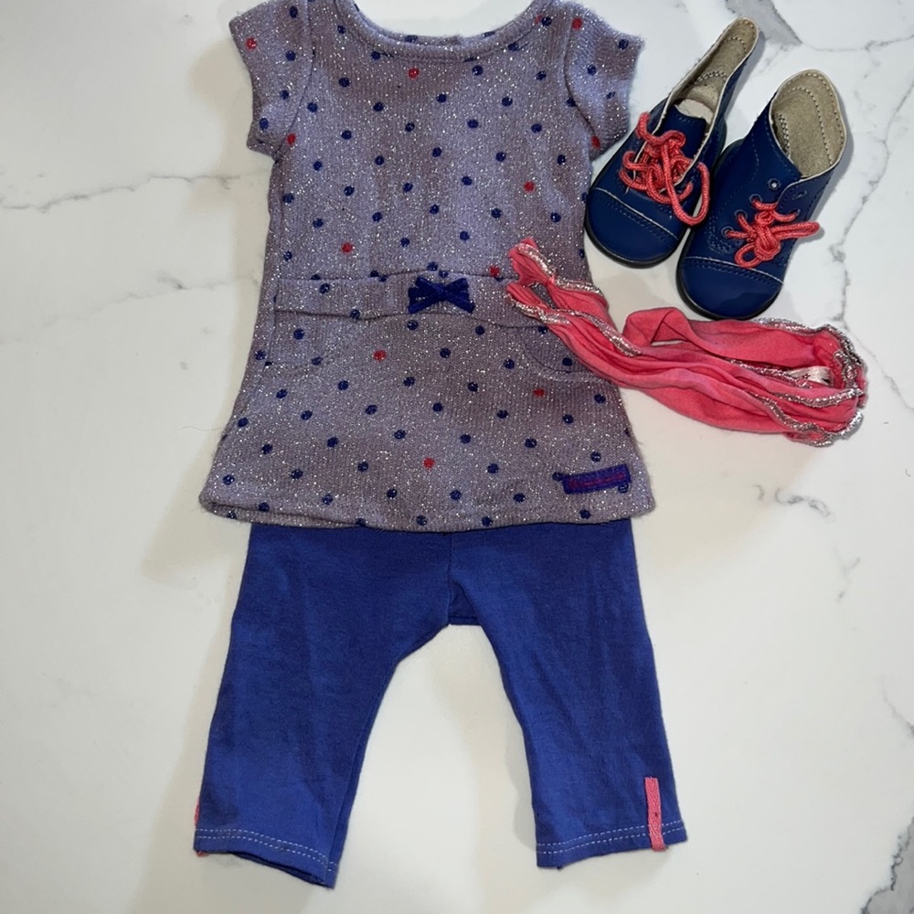 American Girl doll shimmer polka dot top, Capri leggings, boots and scarf.